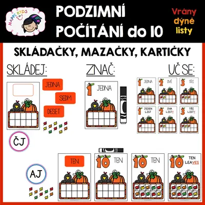 Podzimní počítání do 10 - VRÁNY, DÝNĚ, LÍSTKY - flashcards, mazačky a skládačky