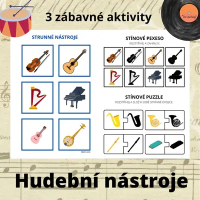 Hudební nástroje - rozdělení, stínové puzzle a pexeso