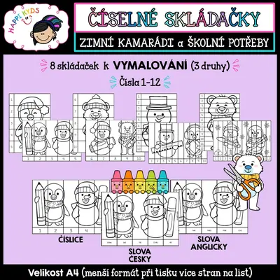 OMALOVÁNKOVÉ ČÍSELNÉ SKLÁDAČKY - Zimní kamarádi a školní potřeby