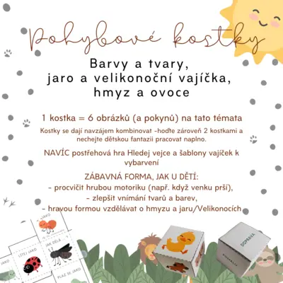 Pohybové kostky 2 - Jaro a Velikonoce, hmyz a ovoce, tvary+barvy - VELKÁ SADA