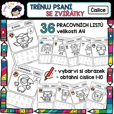 Trénuj psaní se zvířátky - OBTAHOVÁNÍ ČÍSLIC 1-10 - pracovní listy