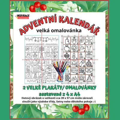 VELKÉ omalovánky / plakát ADVENTNÍ KALENDÁŘ (4xA4) 🎄🖍️ (VELKÁ omalovánka)
