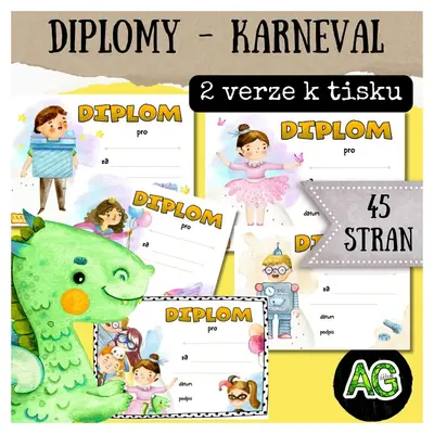 Karneval - 45 diplomů (také na dětský den, party, pohádkový les)
