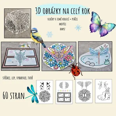 3D obrázky - hmyz, motýli, vločky (Předlohy s omalovánkou)