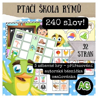 PTAČÍ ŠKOLA RÝMŮ - výukové kartičky, 240 slov!