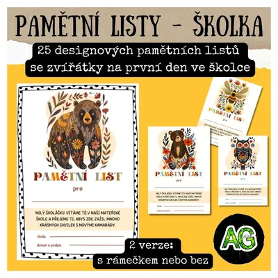 PAMĚTNÍ LISTY NA PRVNÍ DEN VE ŠKOLCE - 25 LISTŮ