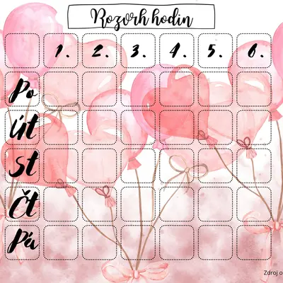 Rozvrh hodin - růžové balonky srdíčka