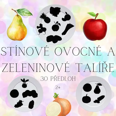 Stínové ovocné a zeleninové talíře - 30 obrázků k procvičování zrakového vnímání
