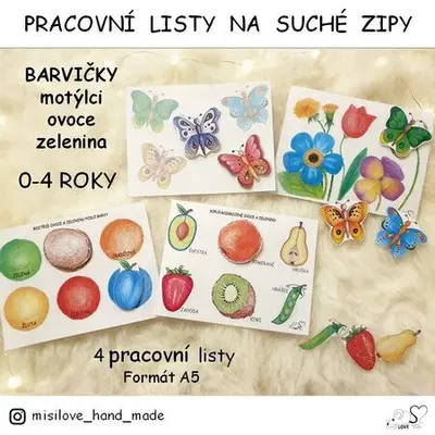 Pracovní list na suché zipy - BARVIČKY (motýlci, ovoce a zelenina)