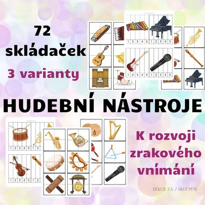 HUDEBNÍ NÁSTROJE - 3 varianty skládaček (72 skládaček)