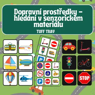 Dopravní prostředky - hledání v senzorickém materiálu - TUFF TRAY
