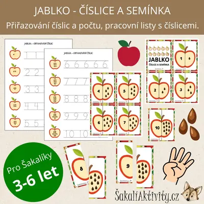  JABLKO - ČÍSLICE A SEMÍNKA - přiřazovací karty 