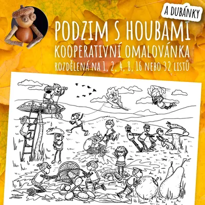 Podzim s houbami a dubánky - kooperativní obraz - omalovánka
