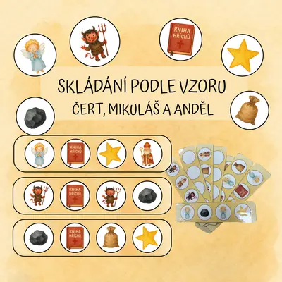 Skládání obrázků podle vzoru - Mikuláš, čert a anděl