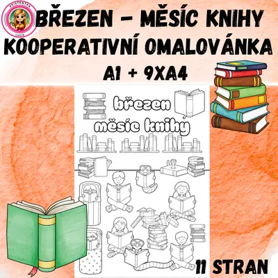 Březen měsíc knihy  - kooperativní omalovánka