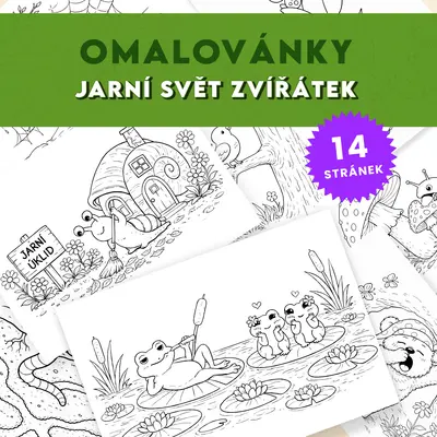 Jarní svět zvířátek - sada 14 omalovánek