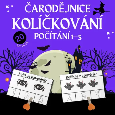 Čarodějnice – kolíčkování pro MŠ (počítání 1–5, 20 kartiček)