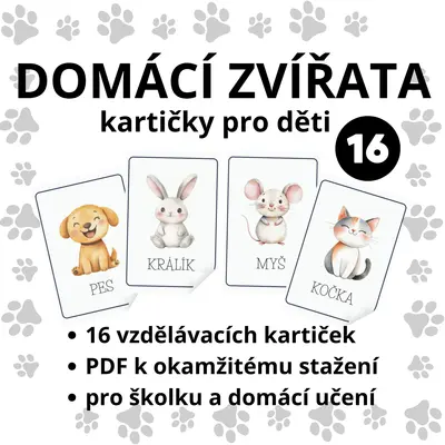 Domácí zvířata – vzdělávací kartičky pro děti (16 kartiček)