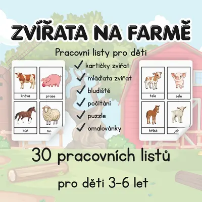 Zvířata na farmě – 30 pracovních listů pro děti (3–6 let)