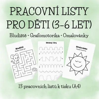 Pracovní listy pro děti (3–6 let) – bludiště, grafomotorika a omalovánky
