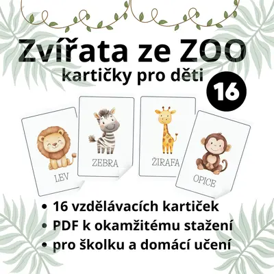 Zvířata ze ZOO – vzdělávací kartičky pro děti (16 kartiček)