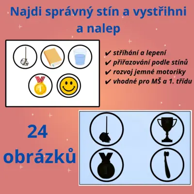 Najdi správný stín a nalep – 24 obrázků ke stříhání a lepení