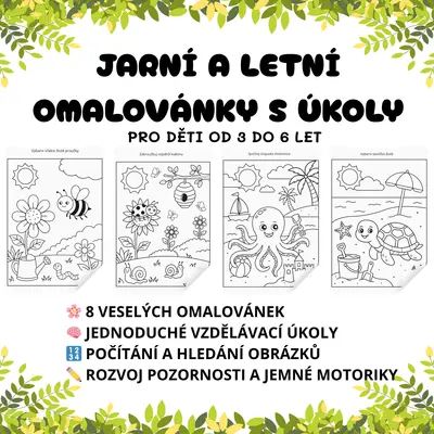 Jarní a letní omalovánky s úkoly pro děti 3–6 let