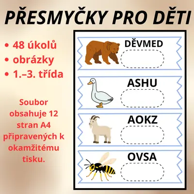 Přesmyčky pro děti (48 slov) | pracovní listy s obrázky |