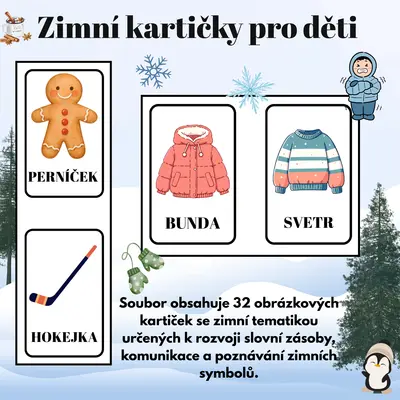 Zimní kartičky pro děti | 32 obrázkových kartiček