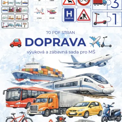 🚗 SVĚT DOPRAVY – výukový PDF soubor pro děti v MŠ ✈️🛴 Bez barevného pozadí