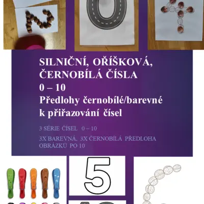 ŠABLONY ČÍSLA OD 0 - 10 (silniční, oříškové, černobíle) + tématické obrázky