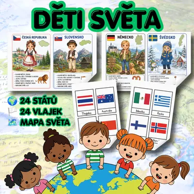 🌍 Děti světa – Poznáváme 24 států světa | Kartičky, vlajky a mapa světa