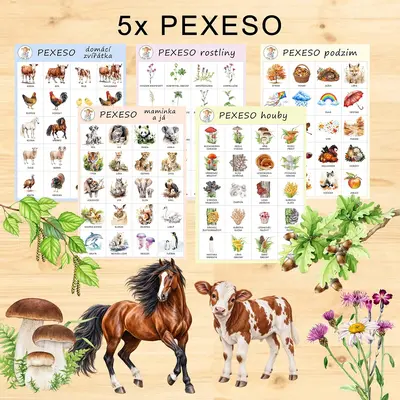 5x PEXESO - domácí zvířátka, houby, rostliny, podzim, maminka a já
