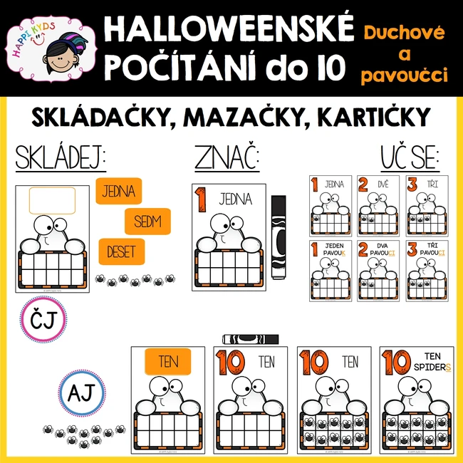 Halloweenské počítání do 10 - DUCHOVÉ a PAVOUČCI - flashcards, mazačky a skládačky