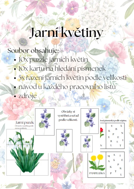 Jarní květiny - puzzle, hledání písmenek, řazení dle velikosti