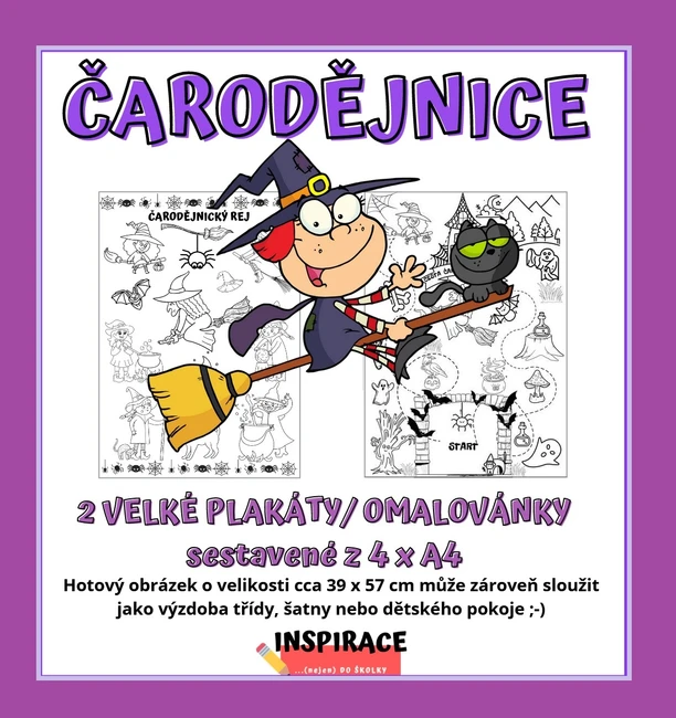 VELKÉ omalovánky/ plakáty ČARODĚJNICE (4xA4)