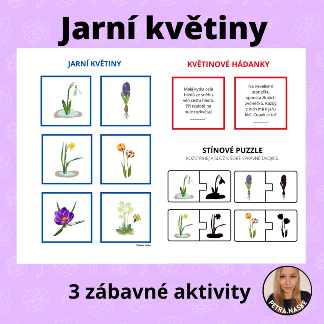 Jarní květiny - přiřazování, hádanky a stínové puzzle