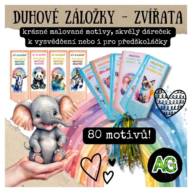 ZÁLOŽKY PRO PŘEDŠKOLÁČKY - 80 zvířecích motivů s duhou
