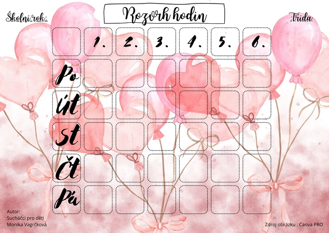 Rozvrh hodin - růžové balonky srdíčka