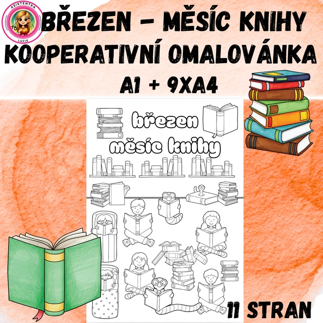 Březen měsíc knihy  - kooperativní omalovánka