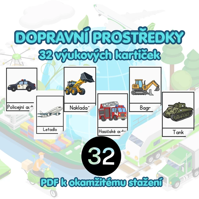Dopravní prostředky – výukové kartičky pro děti (32 kartiček)