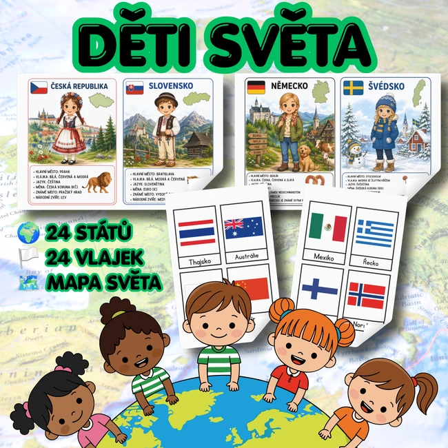 🌍 Děti světa – Poznáváme 24 států světa | Kartičky, vlajky a mapa světa