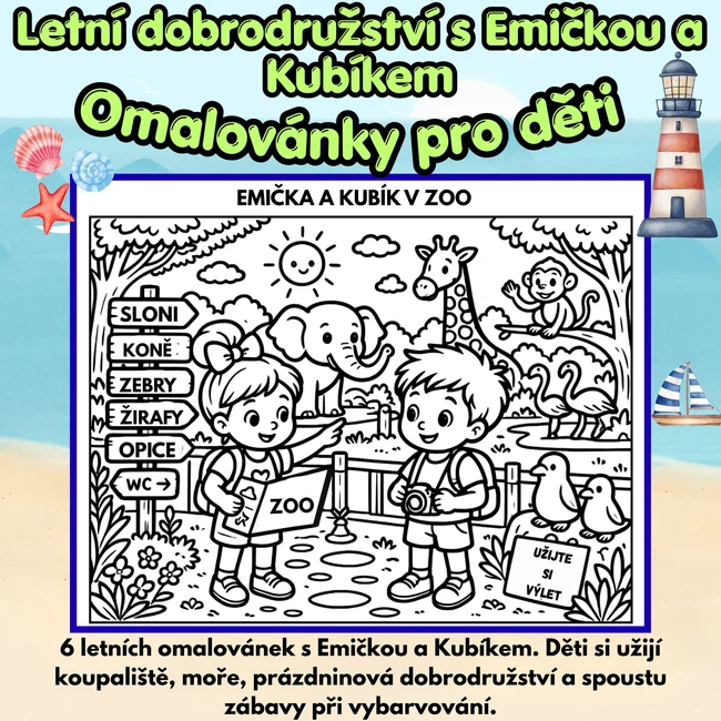 Letní dobrodružství s Emičkou a Kubíkem – omalovánky 🌞