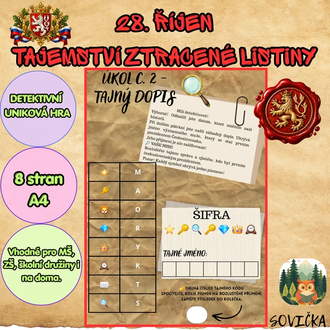 DETEKTIVNÍ ÚNIKOVÁ HRA K 28. ŘÍJNU-TAJEMSTVÍ ZTRACENÉ LISTINY 🇨🇿
